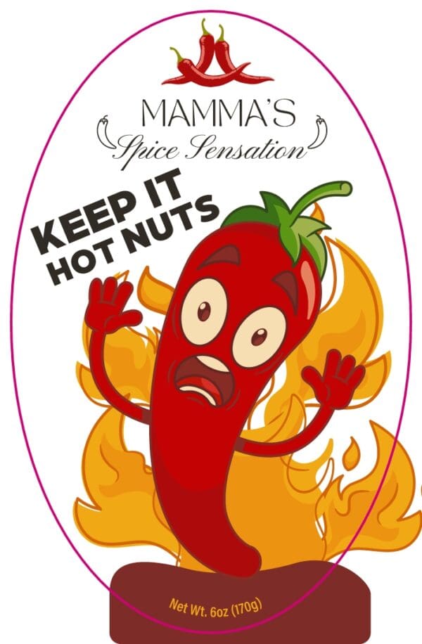 A red pepper with flames and a message on it.