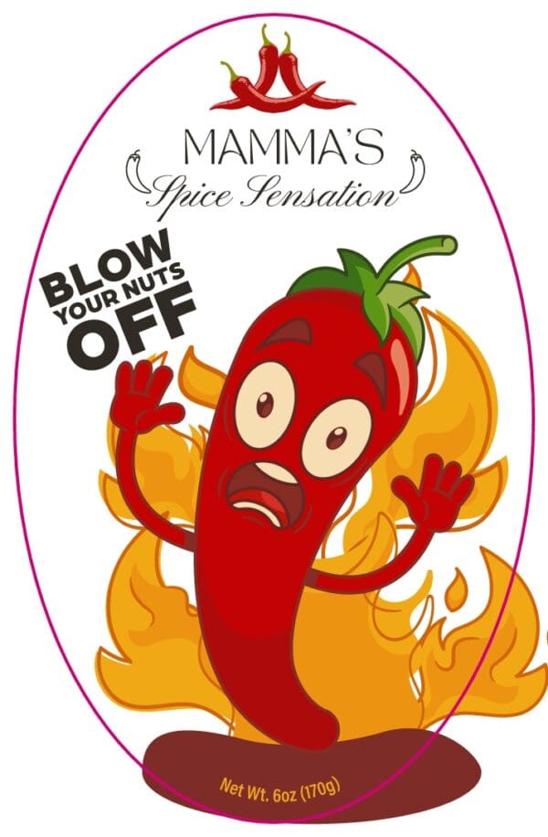 A red pepper with flames coming out of it.