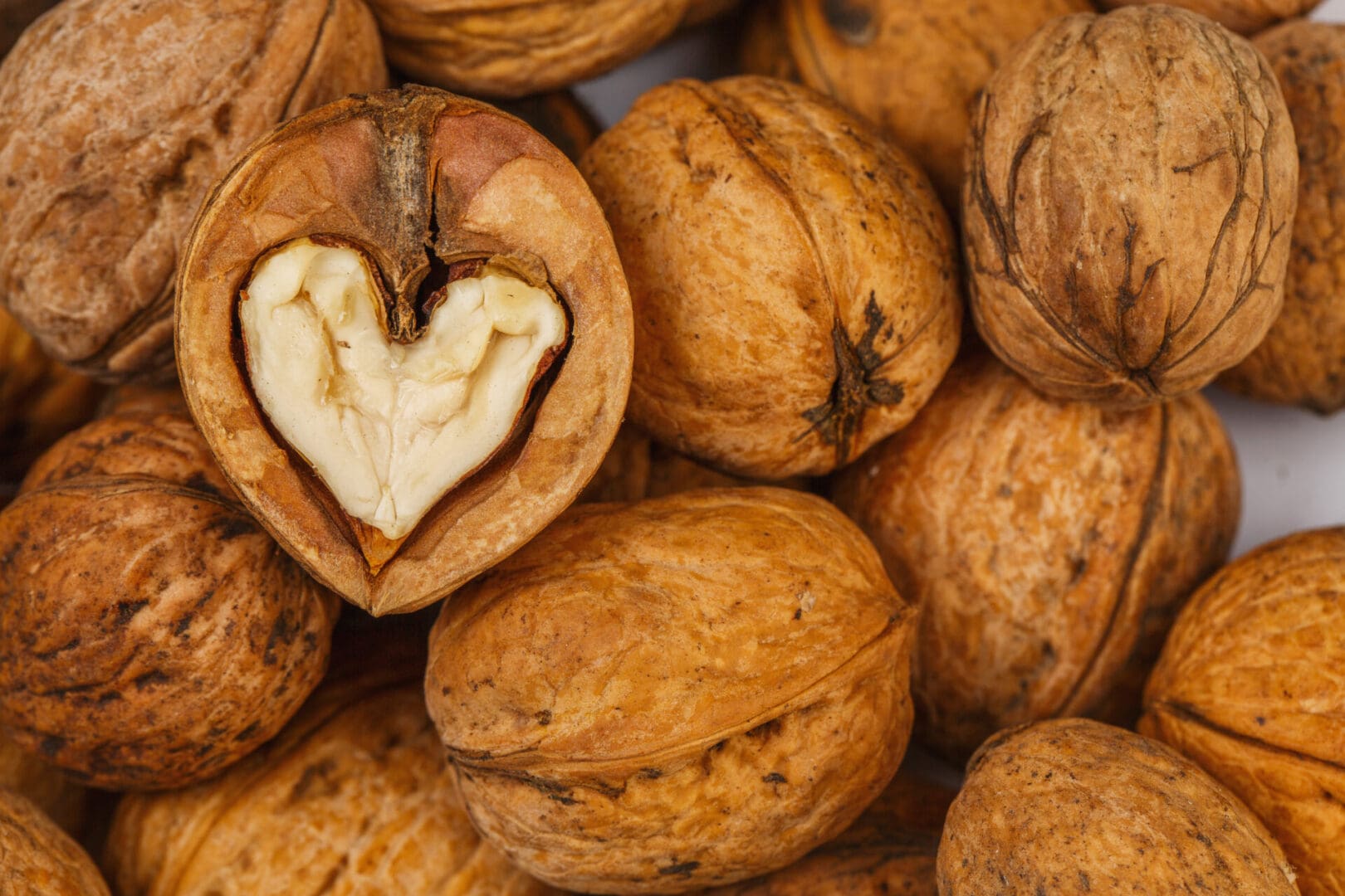 A pile of walnuts with one heart cut out.