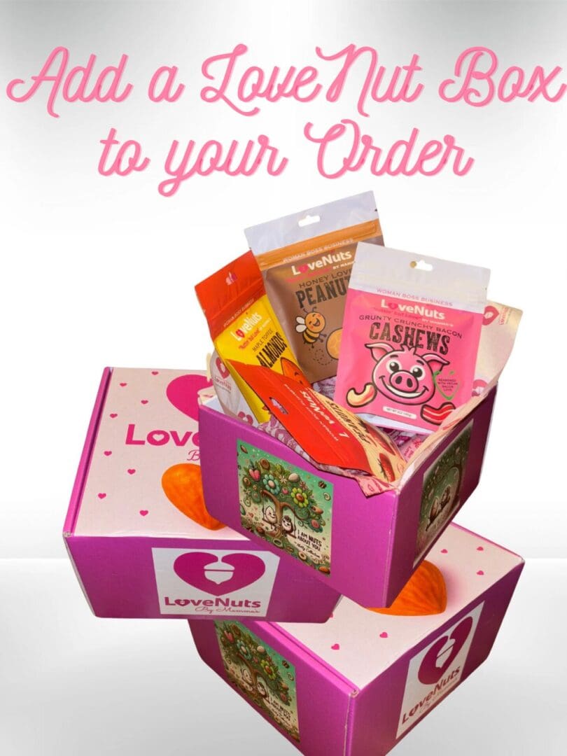 Pink LoveNut boxes with assorted nut packets