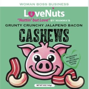 LoveNuts jalapeno bacon cashews packaging with pig